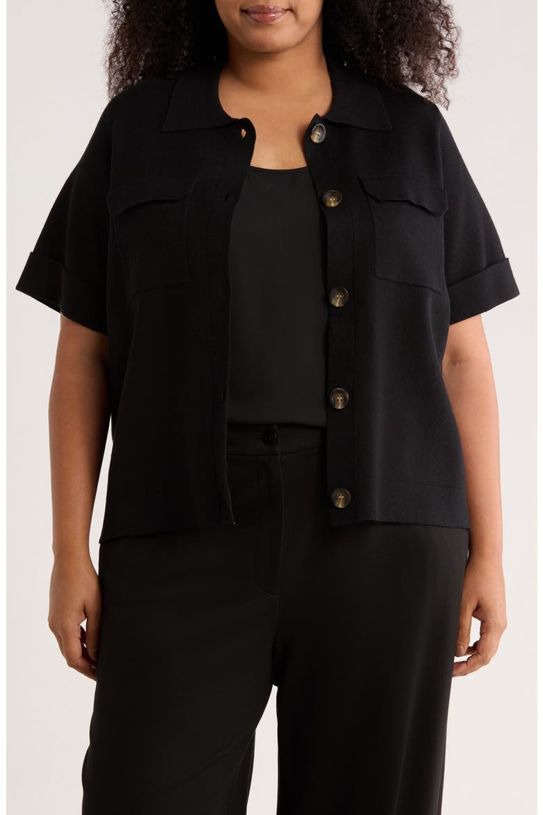 Short Sleeve Button Front Cardigan, Main, color, BLACK