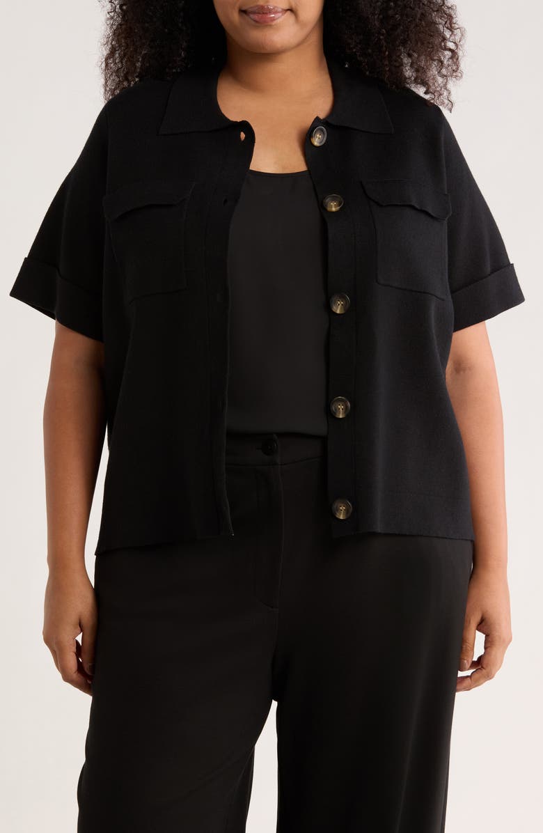 T Tahari Short Sleeve Button Front Cardigan, Main, color, Black