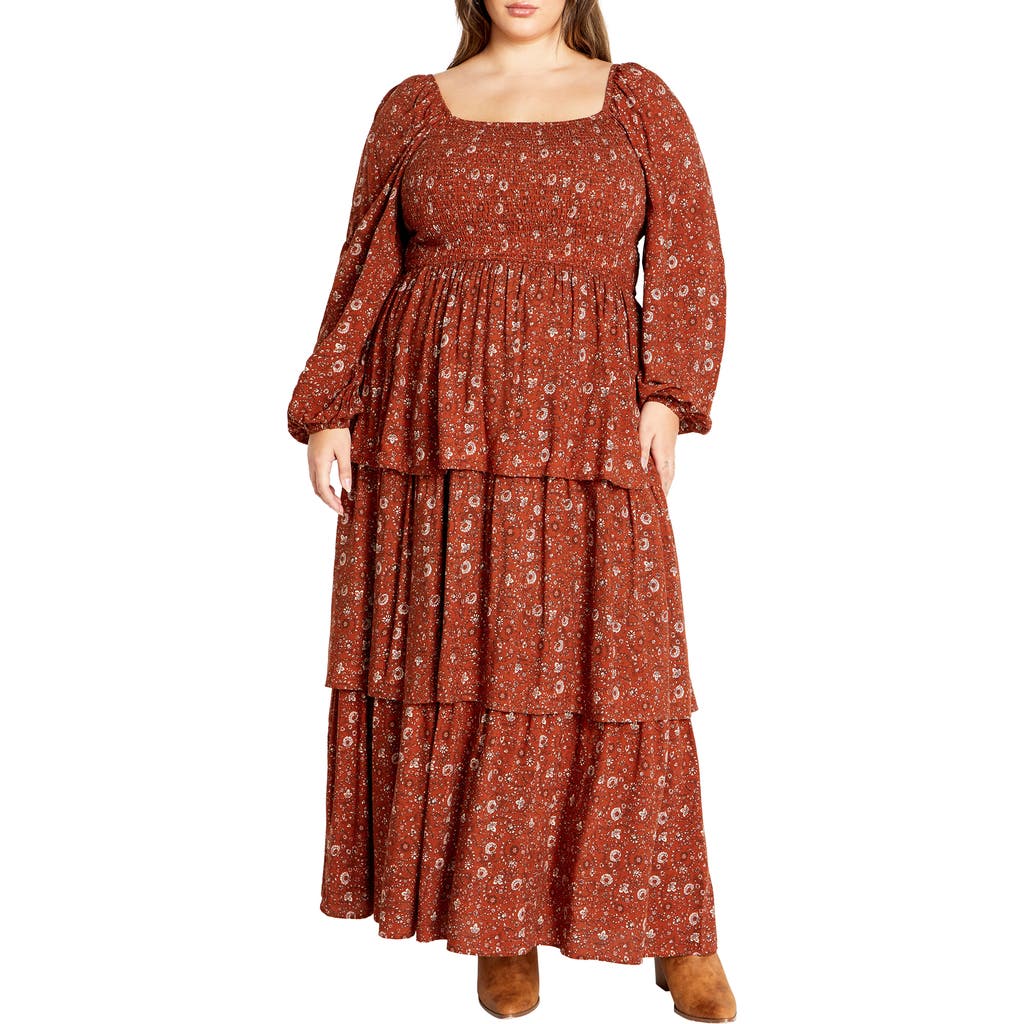 City Chic Cassidy Floral Smocked Maxi Dress In Brown