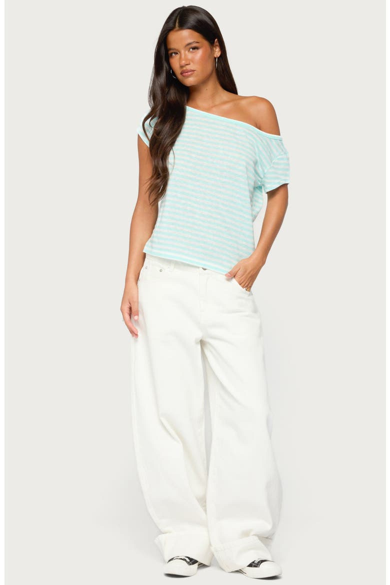 Chanelle Striped Off the Shoulder Tee, Alternate, color, TURQUOISE