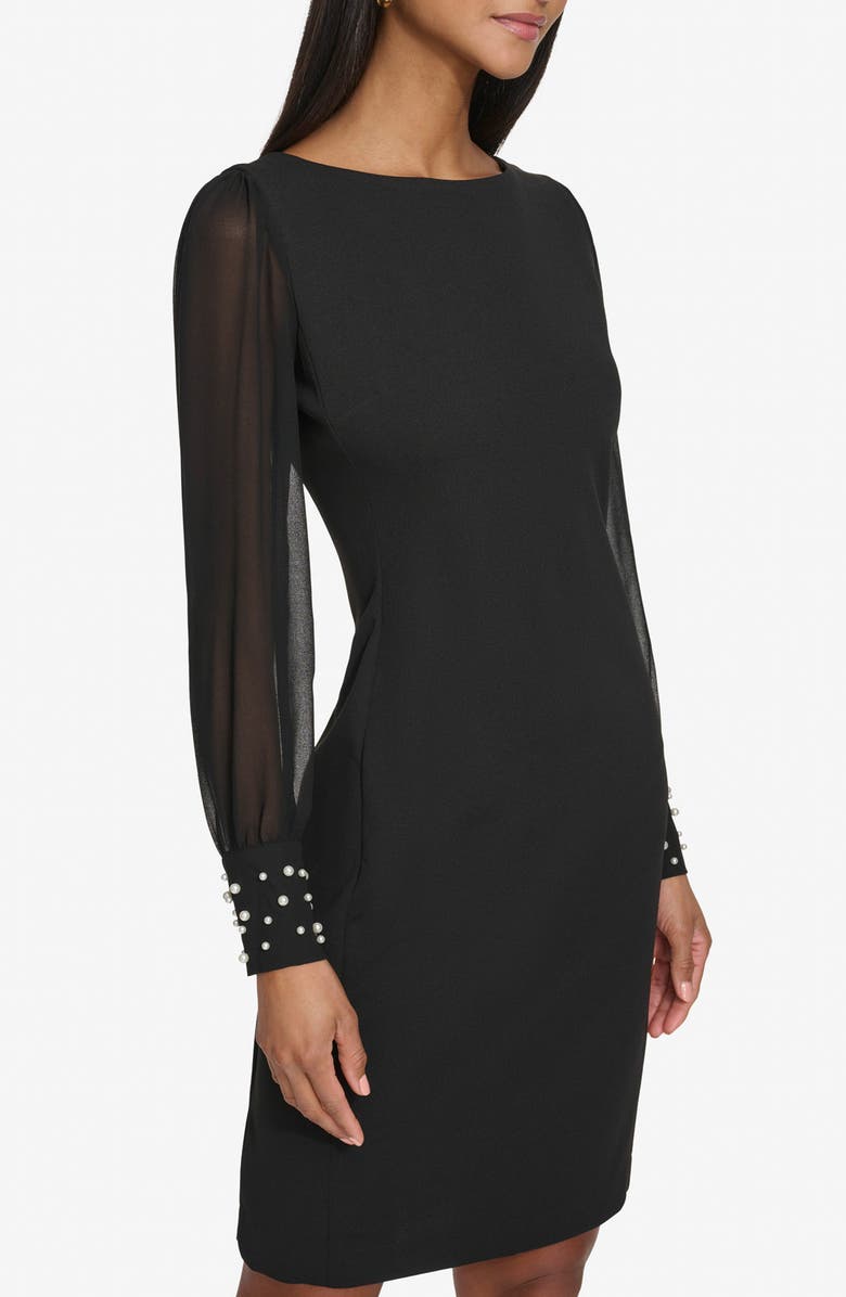 KARL LAGERFELD Faux Pearl Cuff Long Sleeve Scuba Crepe Sheath Dress, Alternate, color, Black