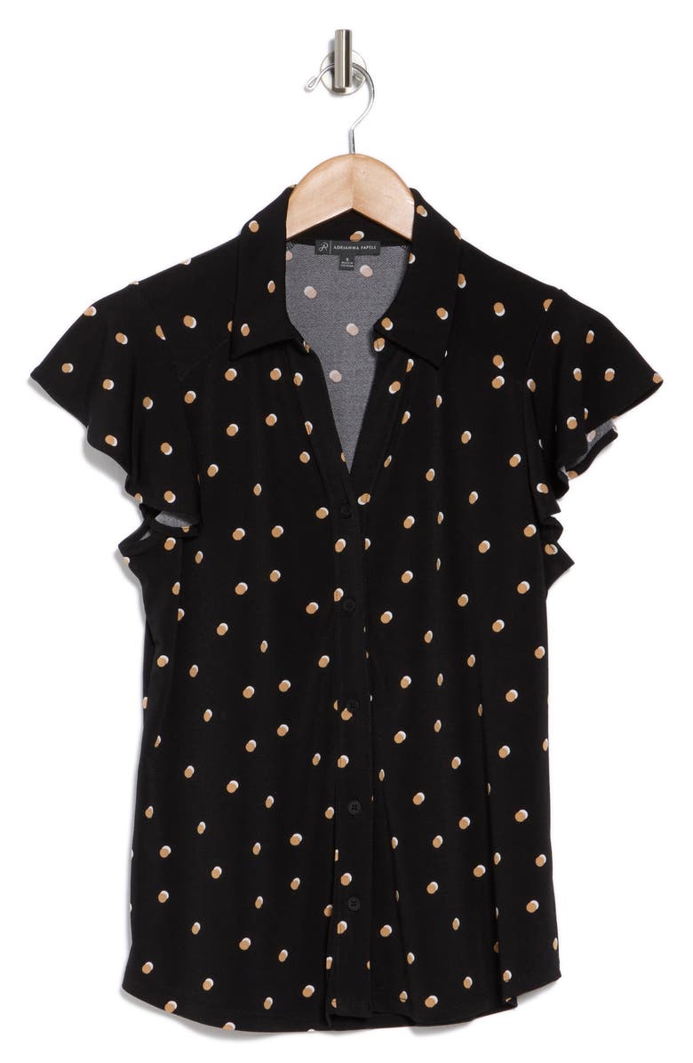 Adrianna Papell Flutter Sleeve Knit Button-Up Shirt, Alternate, color, Black/ Khaki Double Dot