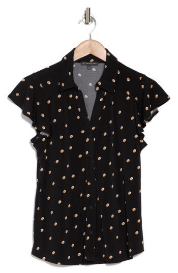 ADRIANNA PAPELL ADRIANNA PAPELL FLUTTER SLEEVE KNIT BUTTON-UP SHIRT 