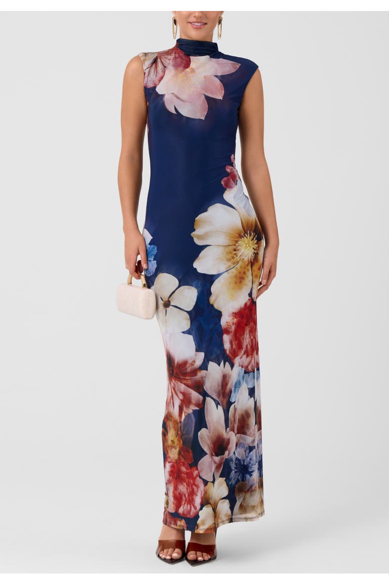 Coco Mock Neck Mesh Midi Dress, Alternate, color, Blue Floral
