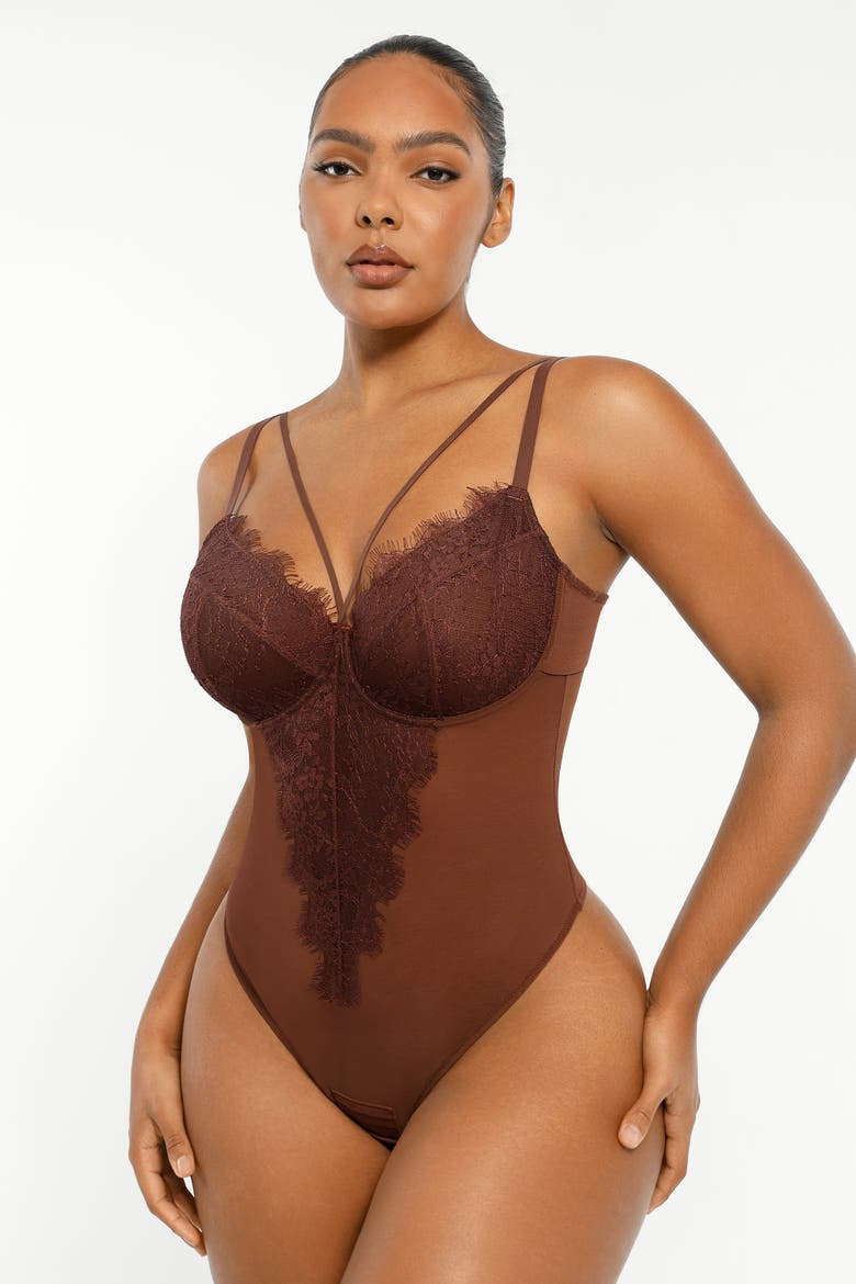 Sheer Lace Mesh Bodysuit with Shaping, Alternate, color, Espresso