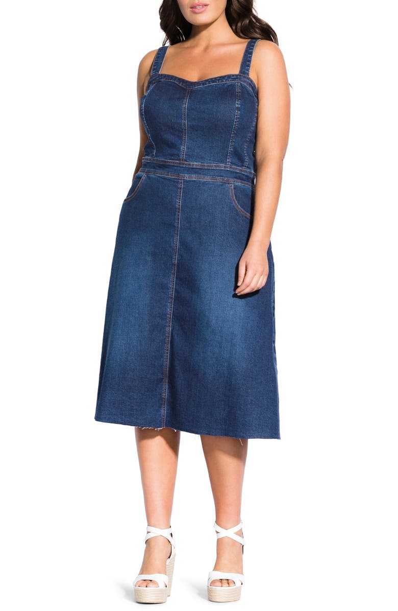 City Chic Sweet A-Line Denim Dress, Main, color, 