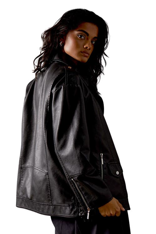 Warehouse Oversized Whipstitch Leather Look Jacket In Black
