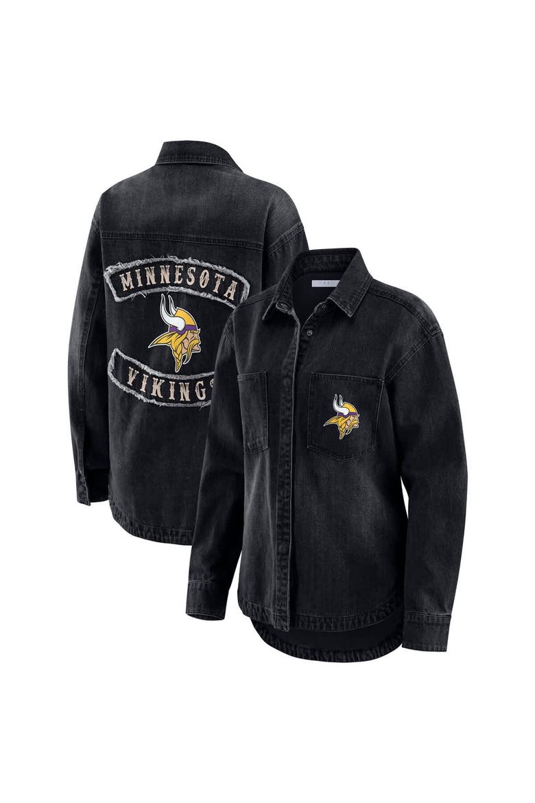 Women's WEAR by Erin Andrews Black Minnesota Vikings Washed Oversized Denim Full-Snap Shacket, Main, color, Black