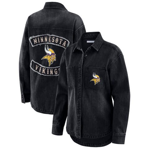 Women's WEAR by Erin Andrews Black Minnesota Vikings Washed Oversized Denim Full-Snap Shacket