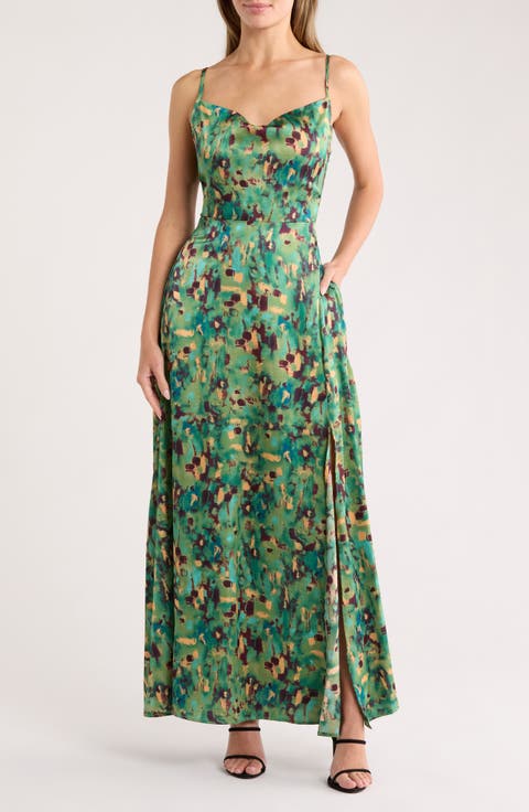 Cowl Neck Slit Satin Maxi Dress