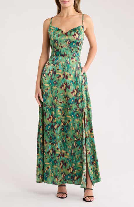 MELLODAY Cowl Neck Slit Satin Maxi Dress