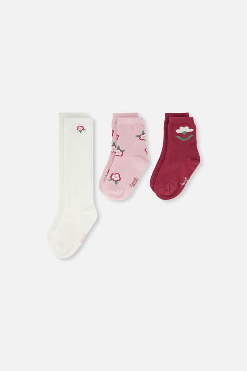 Deux par Deux Floral Detail Ribbed Cuff Socks in Off-White And Pink at Nordstrom, Size 7