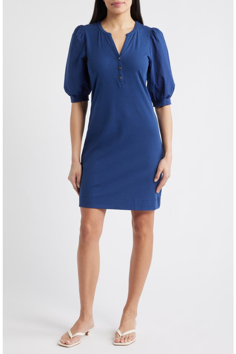 Ronson Puff Sleeve Cotton Blend Dress, Main, color, LOW TIDE NAVY