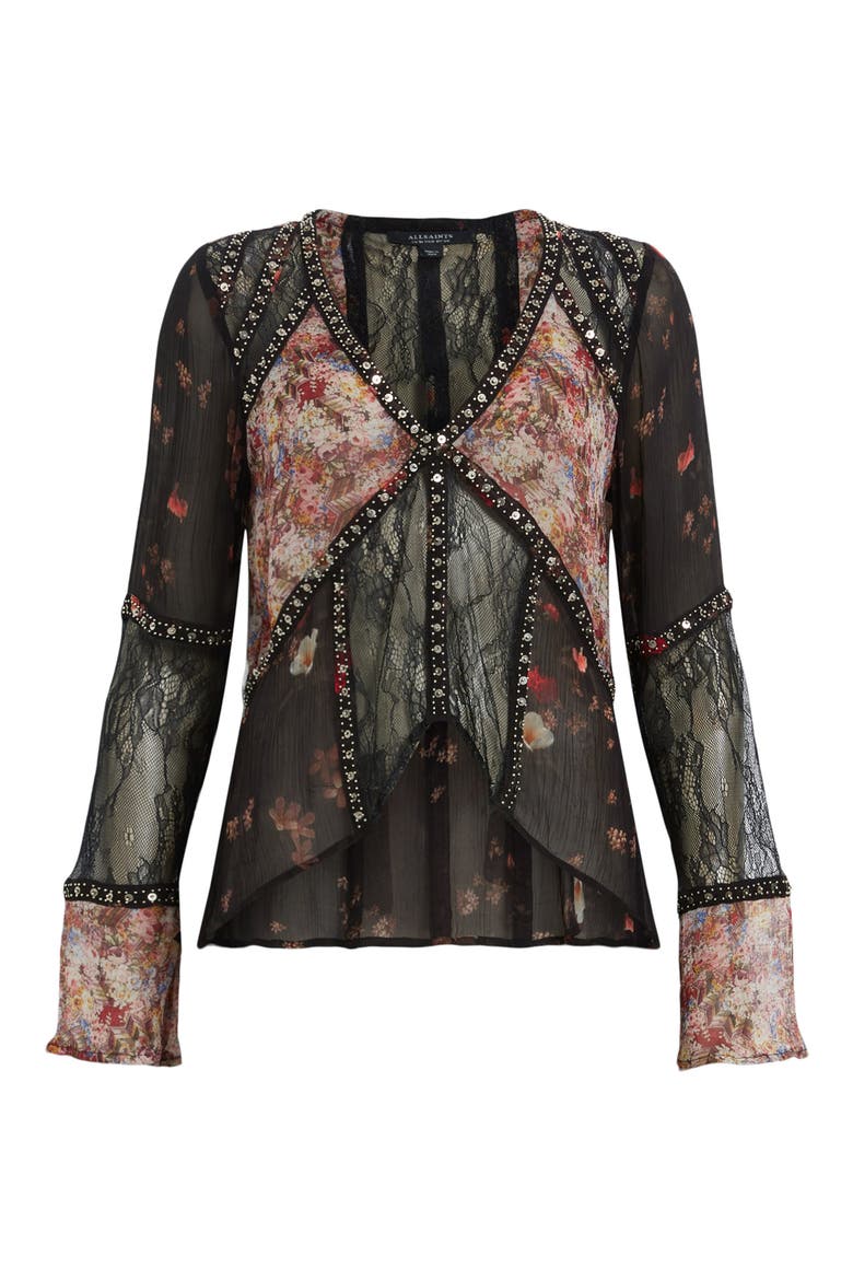 Florence Kora Mixed Media Long Sleeve Top, Alternate, color, BLACK MULTI