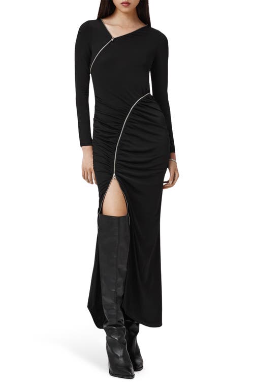 Allsaints Elsie Zipper Long Sleeve Body-con Maxi Dress In Black