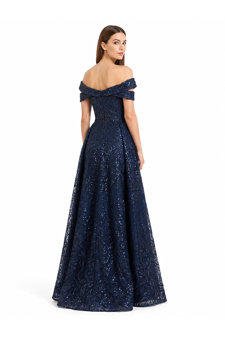 Off Shoulder Mermaid Lace Gown with Overskirt, Alternate, color, Navy