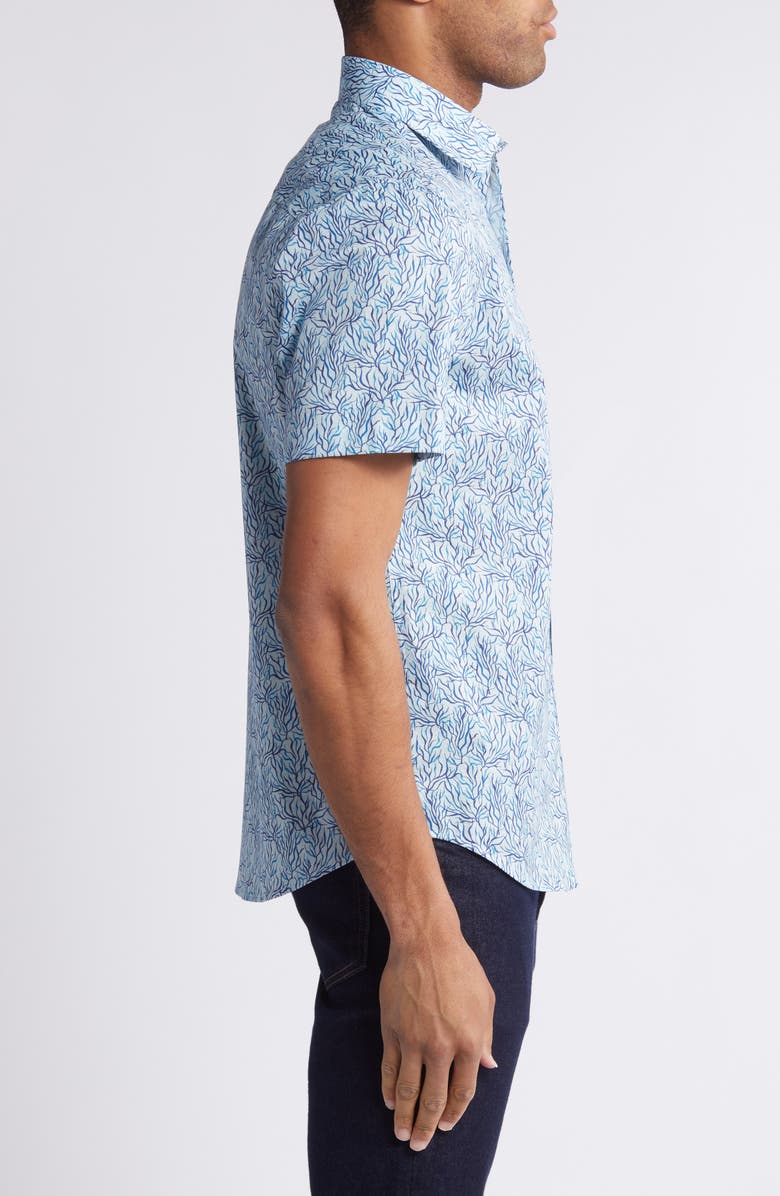 Bugatchi Orson Leaf Print Stretch Cotton Camp Shirt, Alternate, color, Aqua Blue