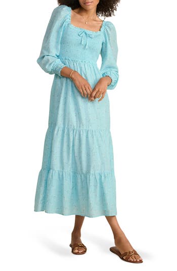 Vineyard Vines Long Sleeve Smocked Midi Dress In Blue