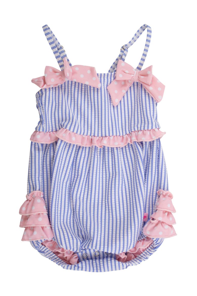 UPF50+ Seersucker One Piece Bow Bubble Romper Swimsuit, Main, color, Periwinkle Blue Seersucker