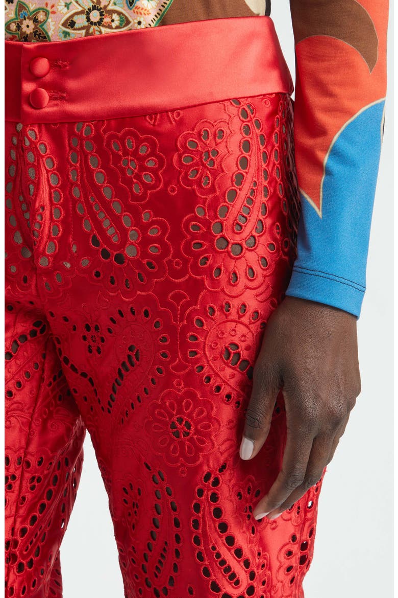 Paisley Eyelet Duchess Satin Trousers, Alternate, color, RED