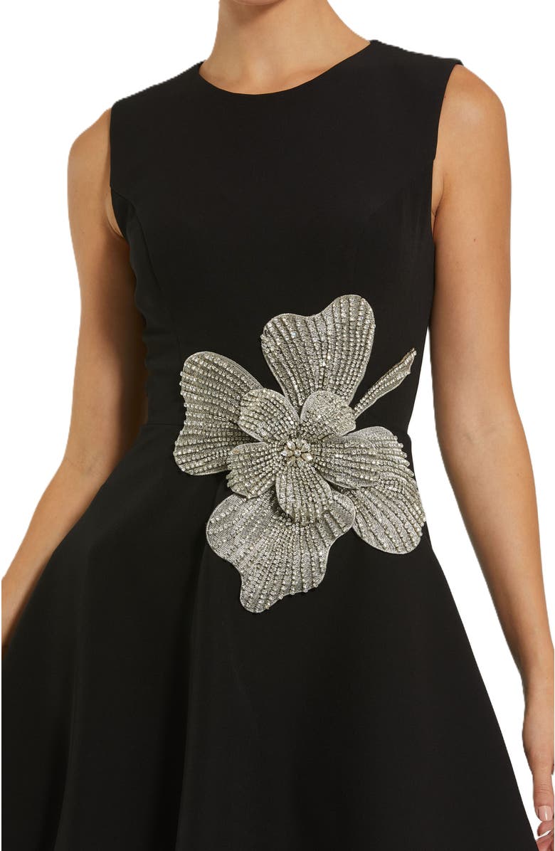 Mac Duggal Crepe Sleeveless Mini Dress With Rhinestone Flower, Alternate, color, Black