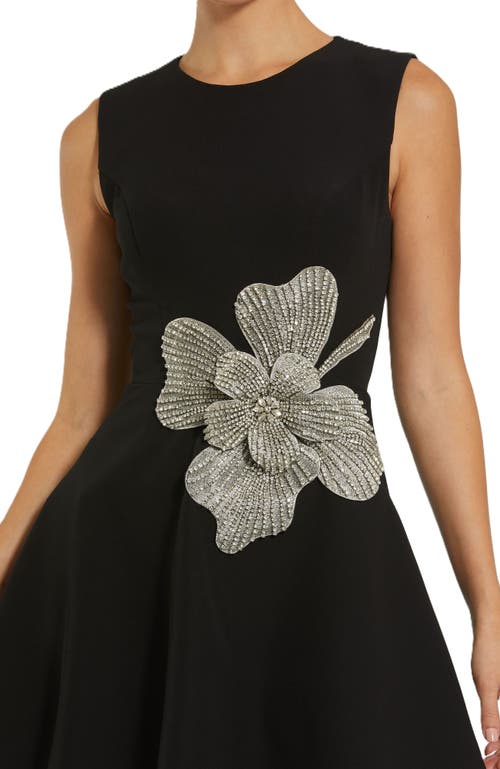 Mac Duggal Crepe Sleeveless Rhinestone Flower Detail Mini Dress In Black