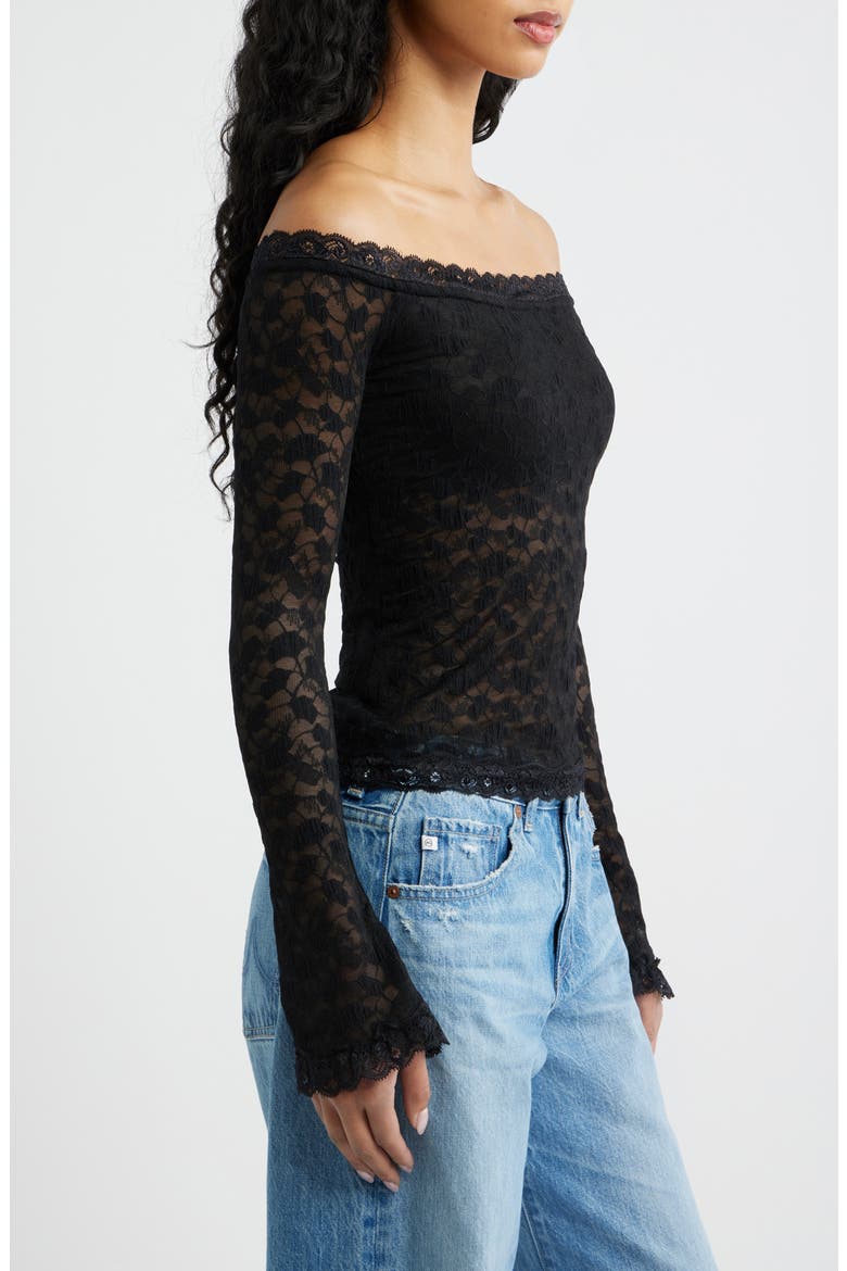 Mochapella Lace Off the Shoulder Top, Alternate, color, BLACK