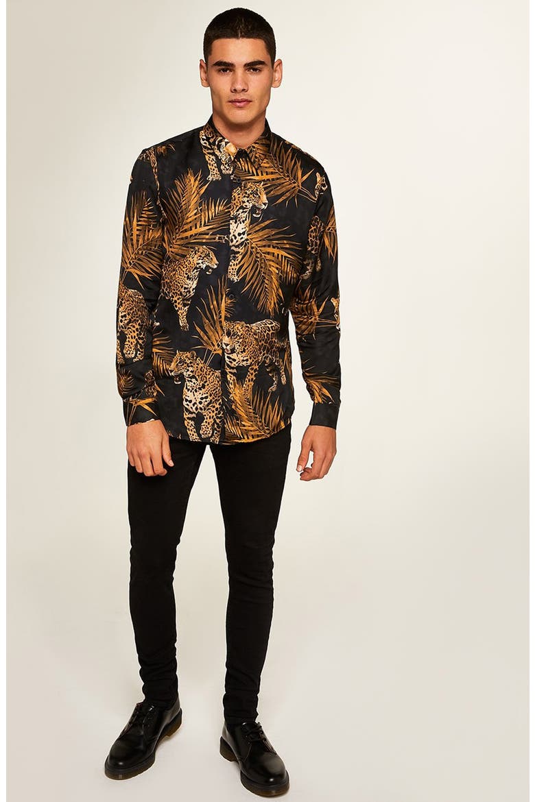 Premium Leopard Print Sport Shirt, Alternate, color, BLACK MULTI