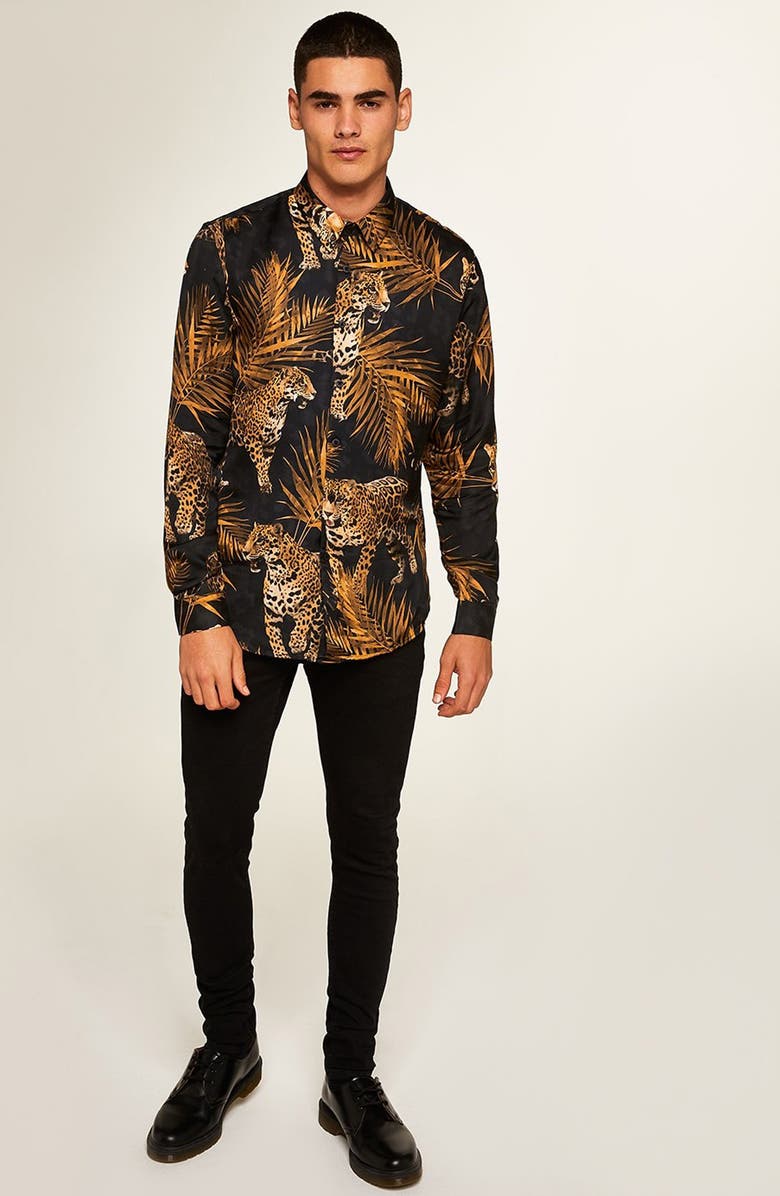 Topman Premium Leopard Print Sport Shirt, Alternate, color, 