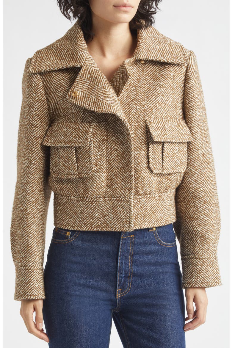 Valiant Crop Faux Fur Collar Herringbone Jacket, Alternate, color, CAMEL