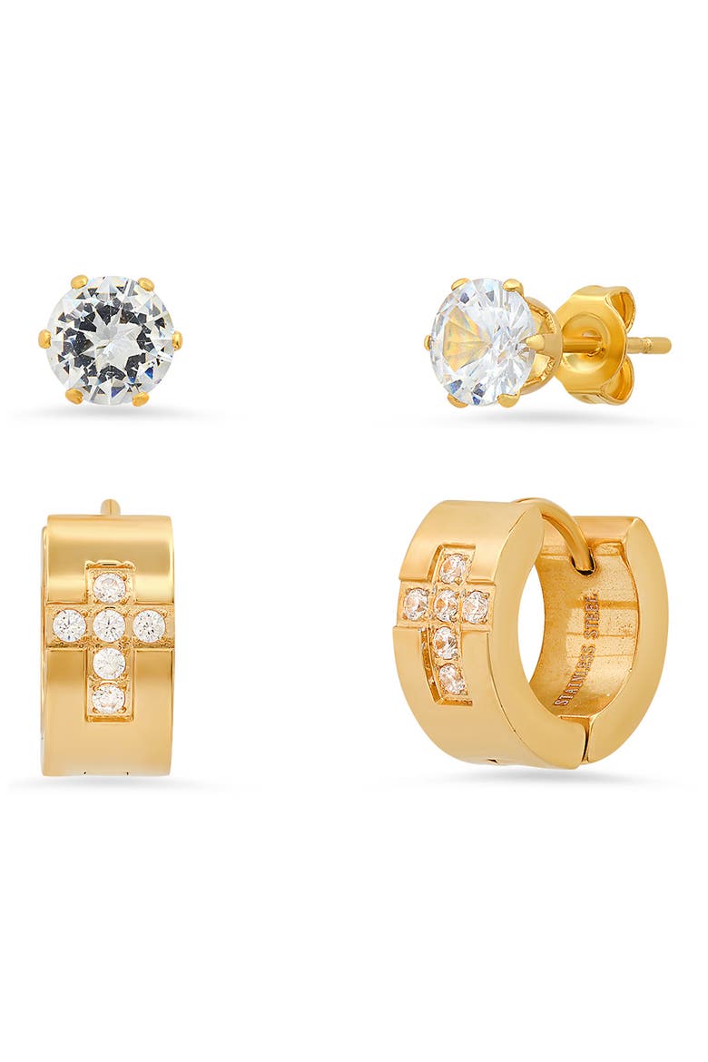 Set of 2 CZ Stud & CZ Cross Huggie Hoop Earrings, Main, color, YELLOW