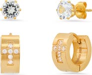 HMY JEWELRY Set of 2 CZ Stud & CZ Cross Huggie Hoop Earrings