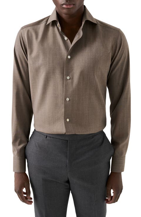 Slim Fit Brown Mélange Wool Dress Shirt