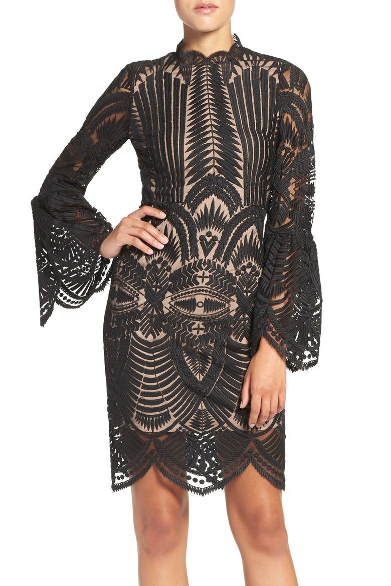 'Emmie' Bell Sleeve Lace Sheath Dress, Main, color, BLACK