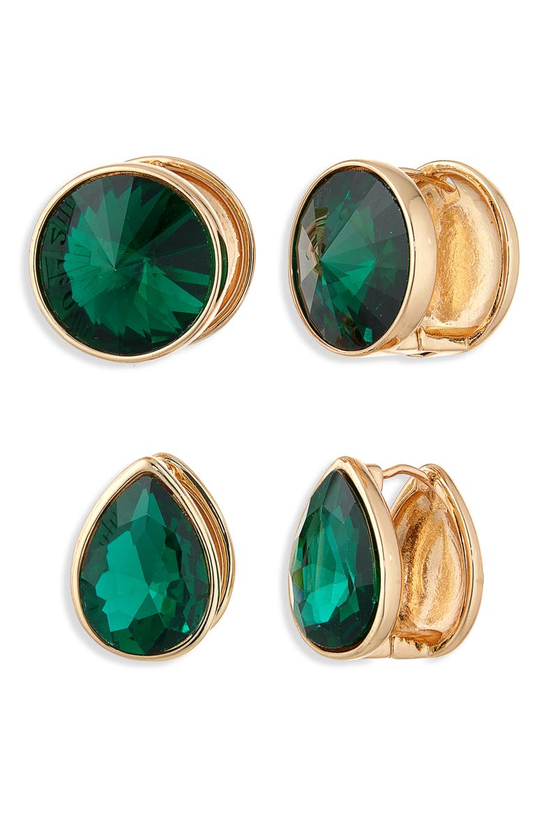 Pack of Two Huggie Earrings, Main, color, GOLD/EMERALD