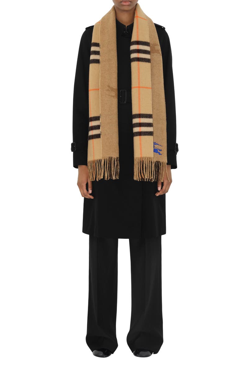 Burberry Equestrian Knight Design Check Reversible Fringe Cashmere Scarf, Alternate, color, Sand