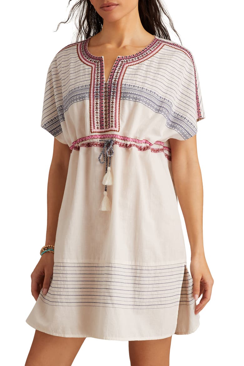 Embroidered Drawstring Waist Cotton Sundress, Main, color, CREAM AND NAVY JACQUARD