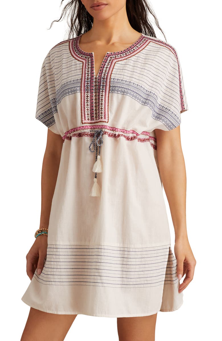 Lucky Brand Embroidered Drawstring Waist Cotton Sundress, Main, color, Cream And Navy Jacquard