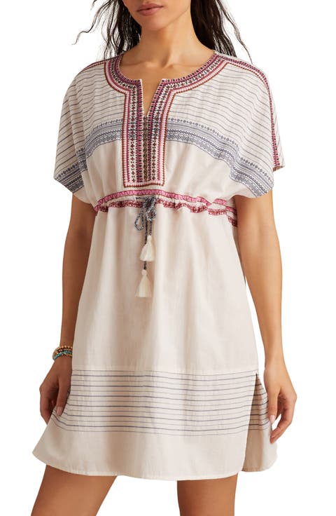 Embroidered Drawstring Waist Cotton Sundress