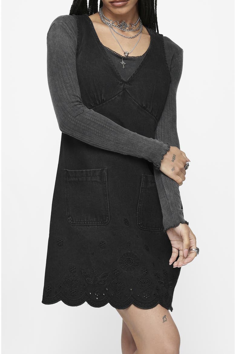 Ayr Broderie Denim Pinafore Dress, Alternate, color, Black