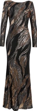 Vince Camuto Sequin Low Back Long Sleeve Gown