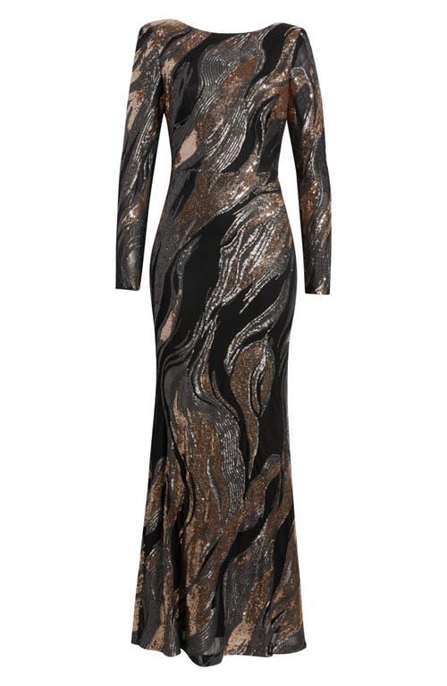 Vince Camuto Sequin Low Back Long Sleeve Gown In Brown