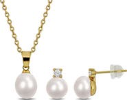 DELMAR Cultured Pearl & Cubic Zirconia Pendant Necklace & Stud Earrings
