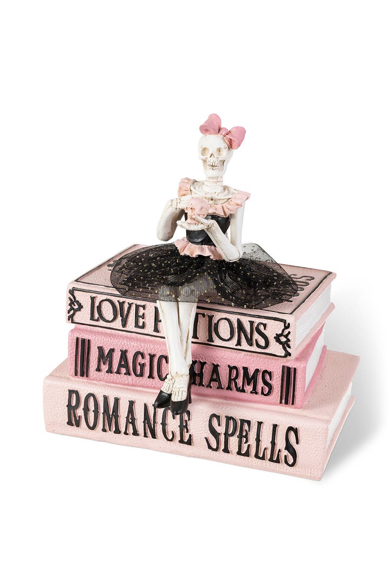 Halloween Polyresin Pink Skeleton Ballerina on Books Table Decor, Main, color, Pink