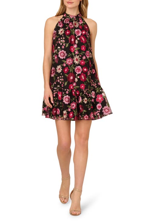 【Adrianna Papell】パール ピンクミディ丈フレアワンピース Adrianna Papell Women's Floral Metallic Crinkle Dress, Rose