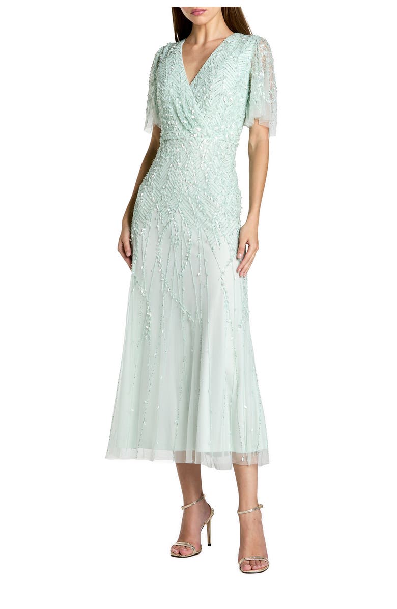 Mac Duggal Women's Beaded Wrap Over Butterfly Sleeve Dress, Main, color, Seafoam