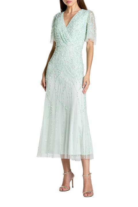 Women's Beaded Wrap Over Butterfly Sleeve Dress