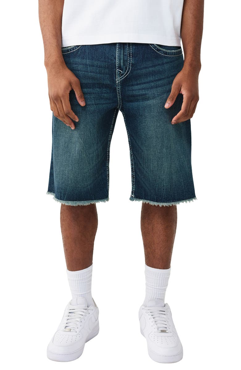 True Religion Vinny Big T Flap Fray Hem Denim Shorts, Main, color, Medium Wash