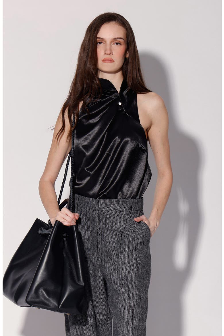 Blayne Satin Button Collar Top, Alternate, color, BLACK