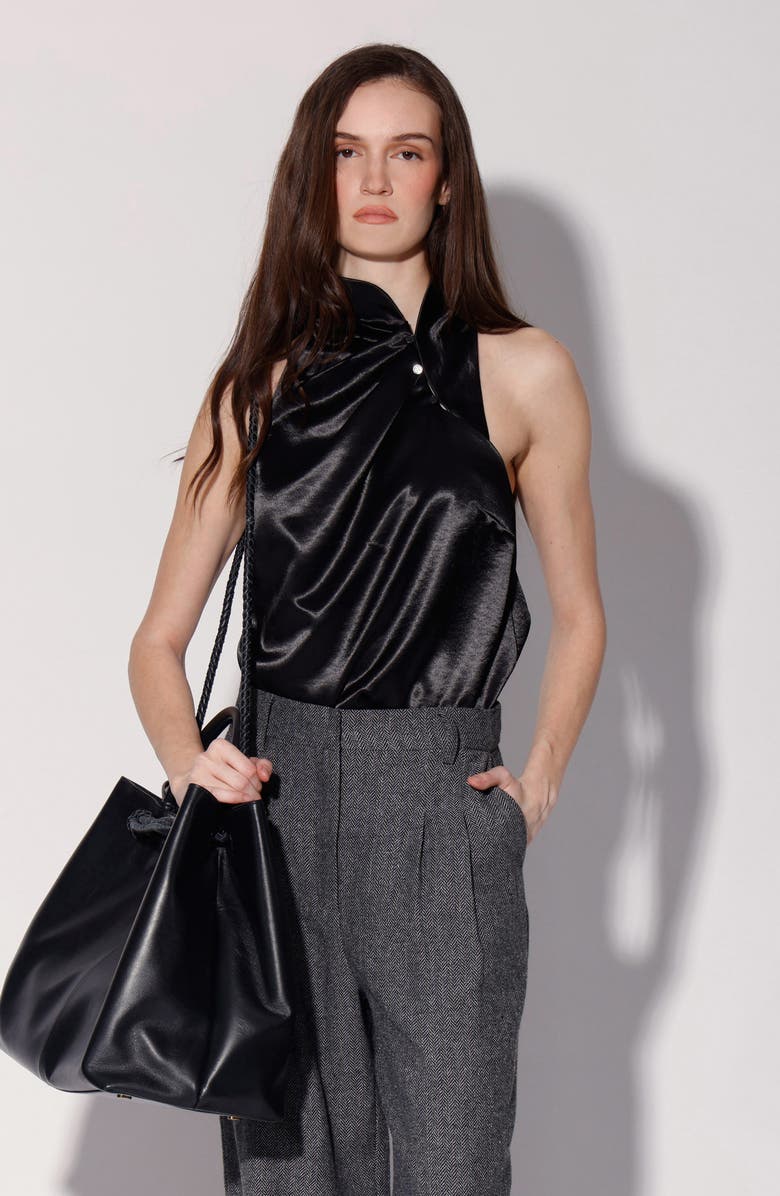 Walter Baker Blayne Satin Button Collar Top, Alternate, color, Black